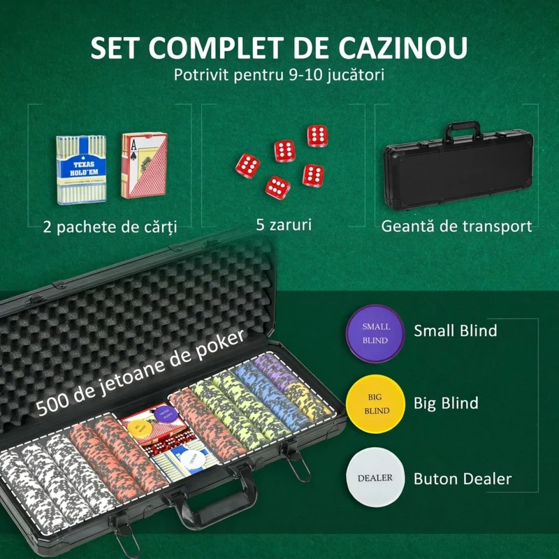 SPORTNOW Set Poker Complet cu 500 Jetoane, 5 Zaruri, 2 Pachete de Cărți, 3 Butoane