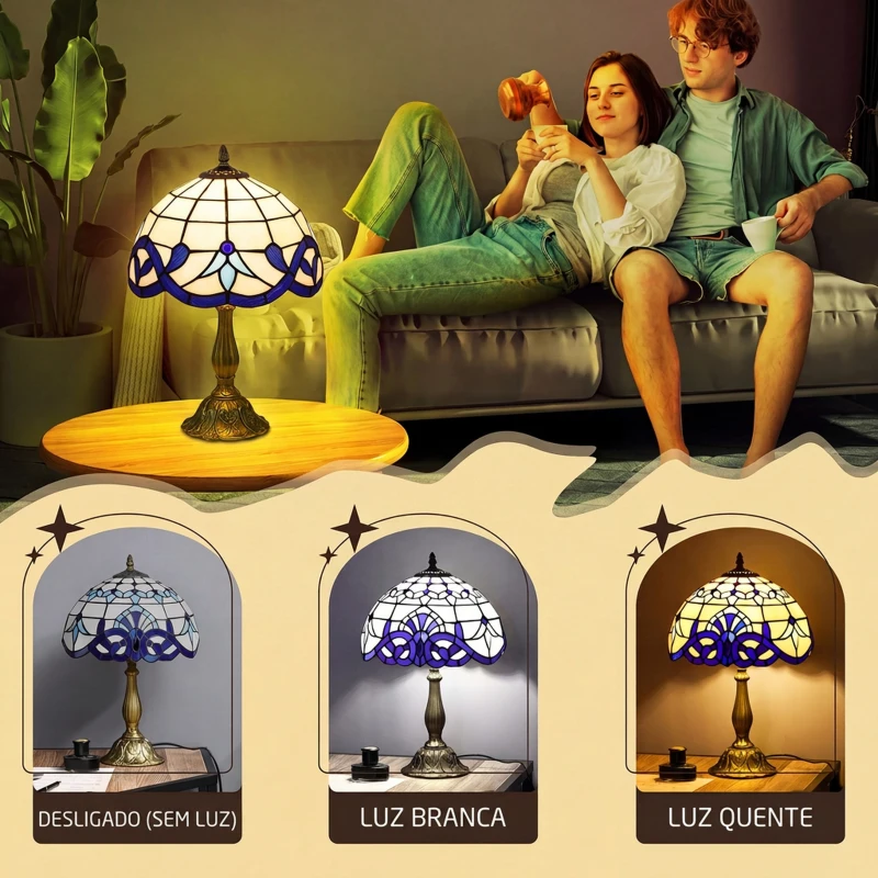 HOMCOM Candeeiro de Mesa Tiffany Vintage Candeeiro de Cabeceira com Abajur em Vidro Colorido para Quarto e Sala Azul