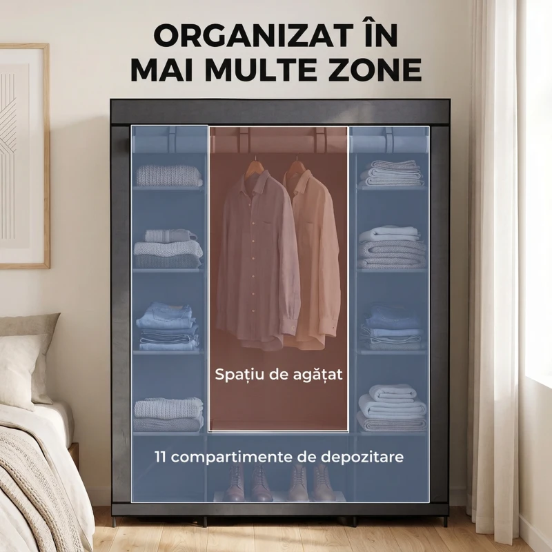 HOMCOM Dulap textil pentru economisirea spațiului, cu bară pentru umerașe și 11 rafturi, 135x45x175 cm, gri, pentru dormitor