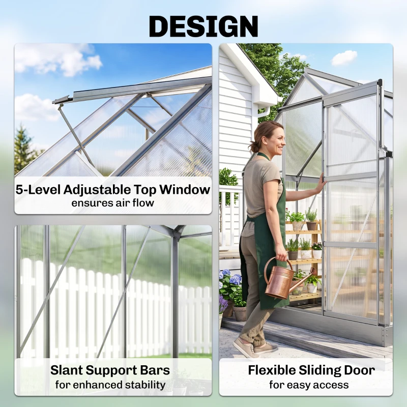 Outsunny 6 x 6ft Walk-In Greenhouse, Polycarbonate Greenhouse with Sliding Door, Window, Aluminium Frame, Foundation, Silver