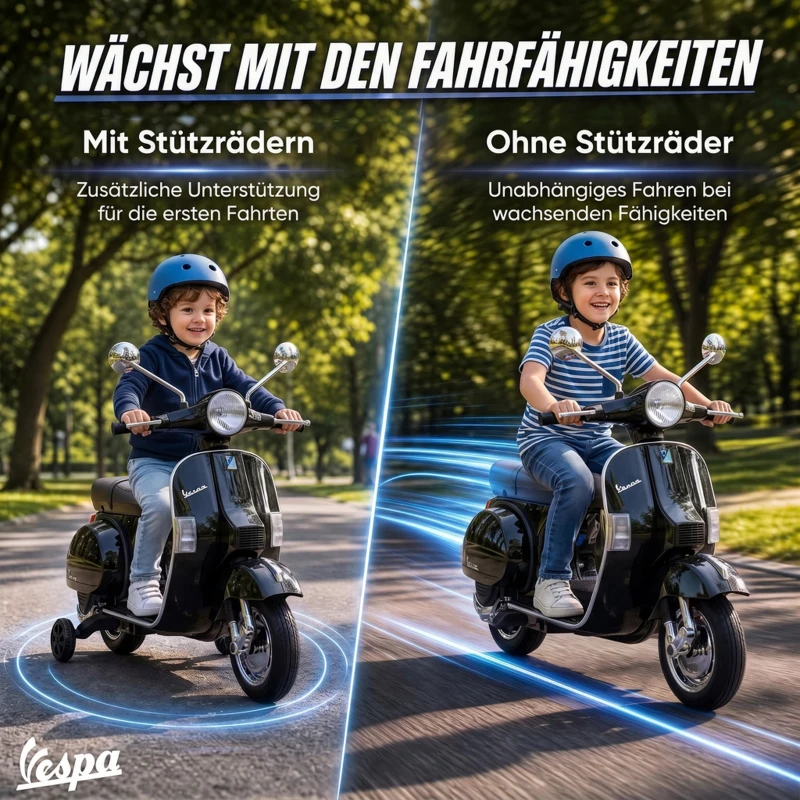 AIYAPLAY Elektryczny motocykl dziecięcy Vespa PX150 12V z akumulatorem litowym 35W 2 silniki 25° ograniczenie skrętu dla dzieci 3-6 lat