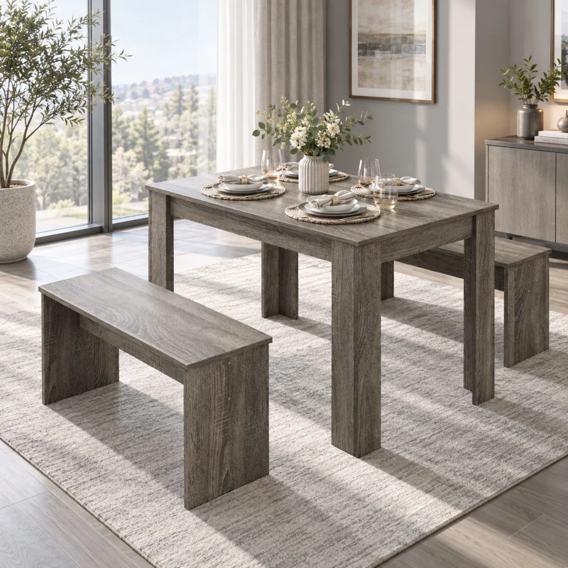 HOMCOM Kitchen Dining Table and 2 Benches Set, Table and Chairs Set for Limited Space, Grey Wood Effect
