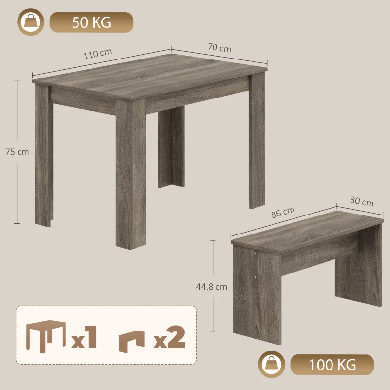 HOMCOM Kitchen Dining Table and 2 Benches Set, Table and Chairs Set for Limited Space, Grey Wood Effect
