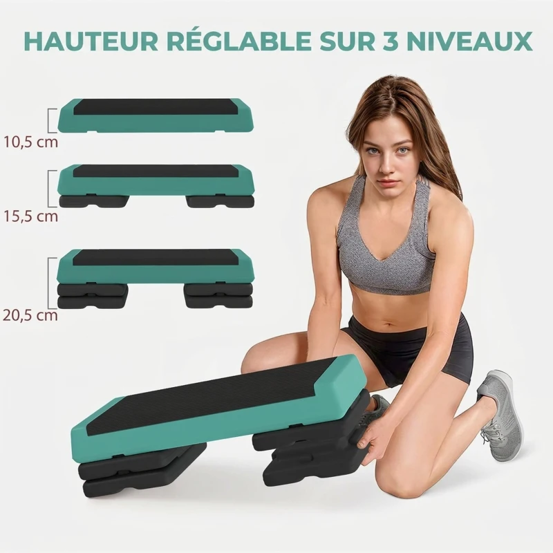 SPORTNOW Stepper Fitness Aérobic 3 Niveaux, Hauteur Réglable 10,5/15,5/20,5 cm, Surface Antidérapante, Capacité 250 kg, Vert