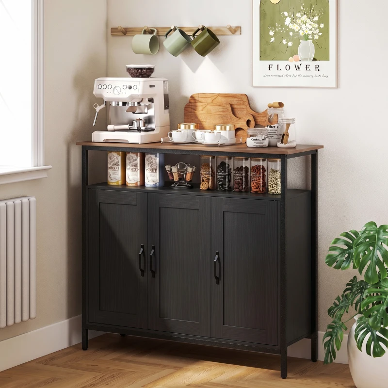 HOMCOM Industrial Kitchen Sideboard with Open Shelf, 2 Cabinets, Adjustable Shelves for Living Room, Dining Room, Black