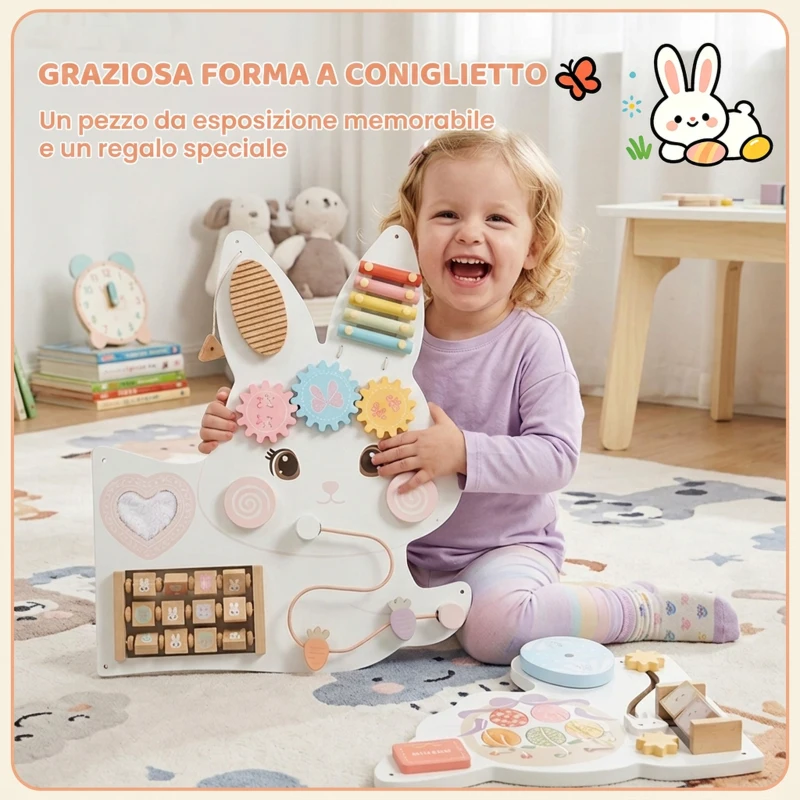 AIYAPLAY Busy Board Montessori in Legno da Parete per Bambini 1.5-6 Anni a Tema Coniglietto Pasquale, Bianco