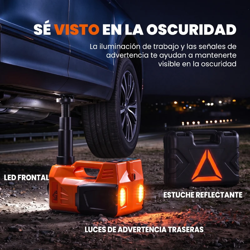 HOMCOM Kit de Gato Hidráulico Eléctrico 5T 12V 14,3-45 cm Luz LED Bomba Aire Llave Hexagonal Martillo Maletín Naranja