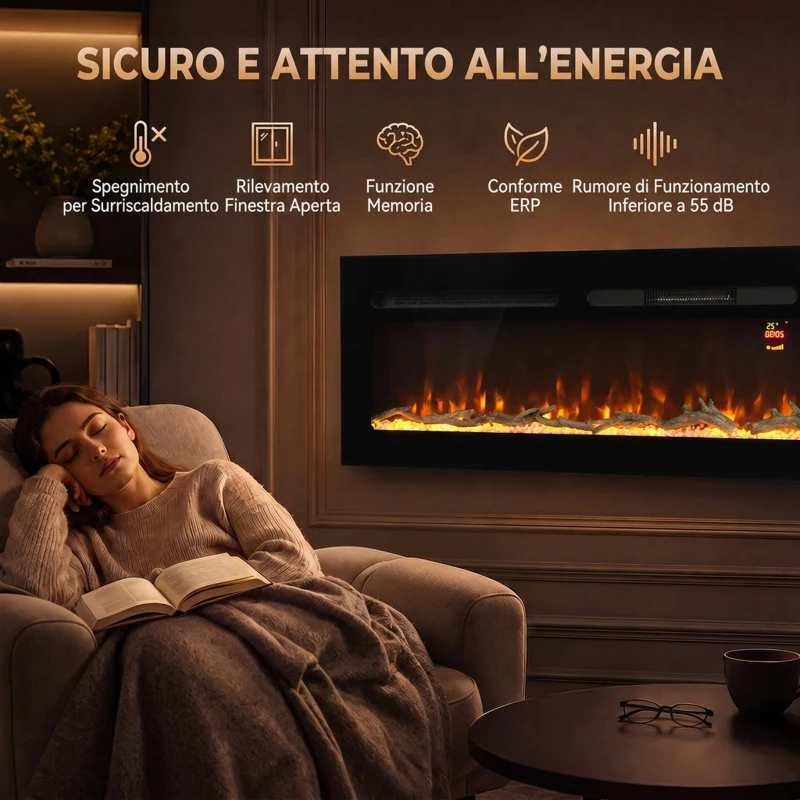 HOMCOM Camino Elettrico da Incasso o Parete 1500W, Timer, Fiamma Regolabile e Telecomando, Nero