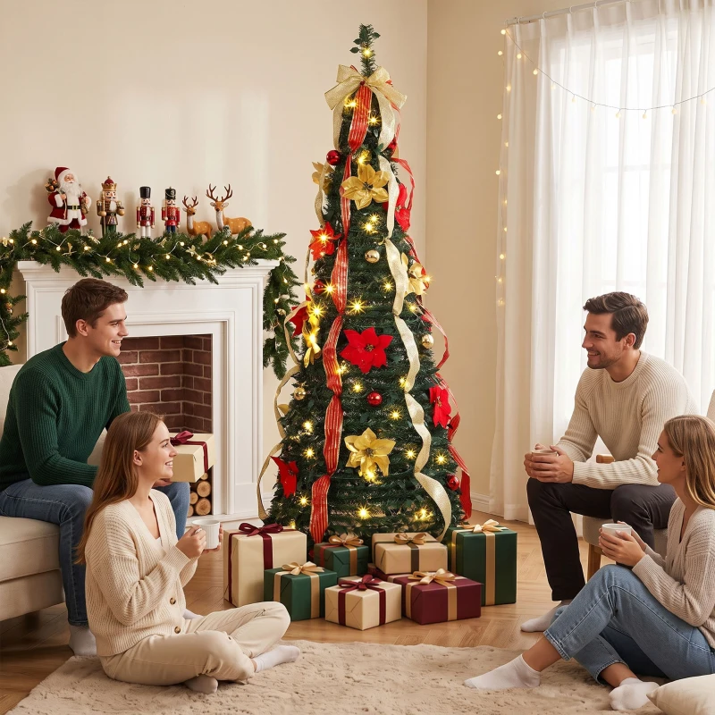 HOMCOM Árbol de Navidad Desplegable 180 cm con 100 Luces LED 11 Modos Mando a Distancia y Decoración Incluida Verde