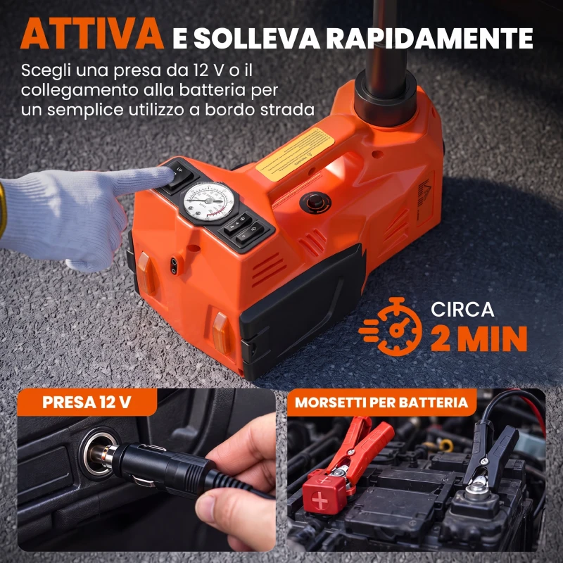 HOMCOM Kit Martinetto Elettrico Auto 5T con Chiave a Impulsi, Idraulico 143-450 mm, Arancione