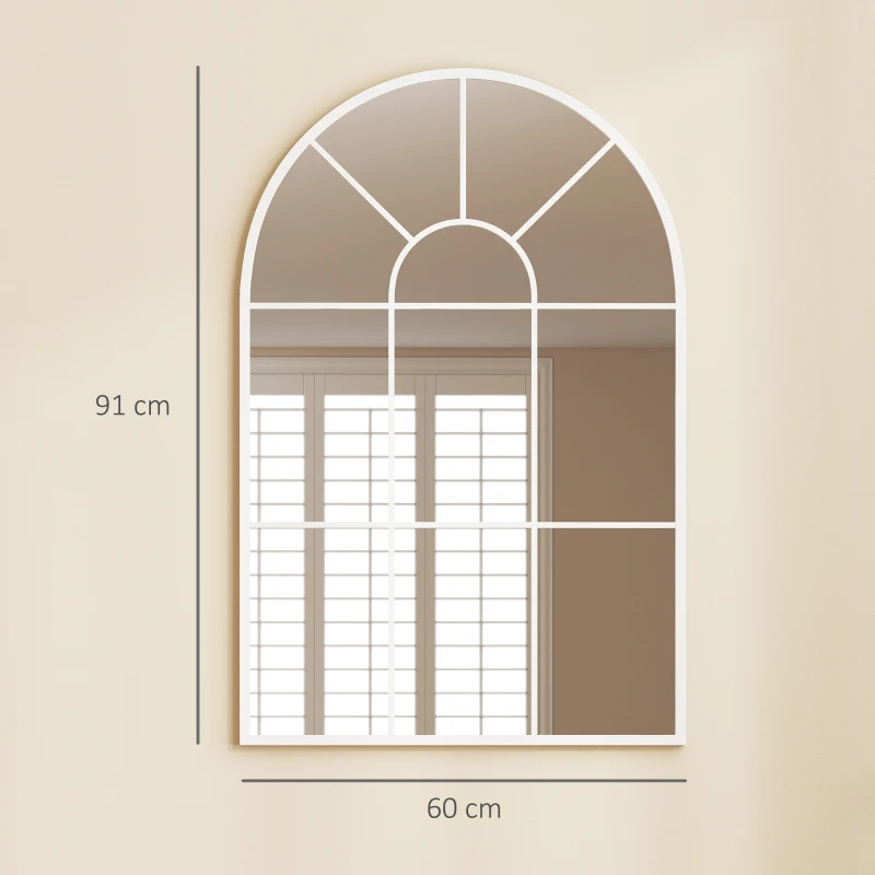 HOMCOM Miroir Mural Arqué 91 x 60 cm, Miroir Verrière Arche Style Industriel, Cadre Métallique, pour Salon, Chambre, Blanc