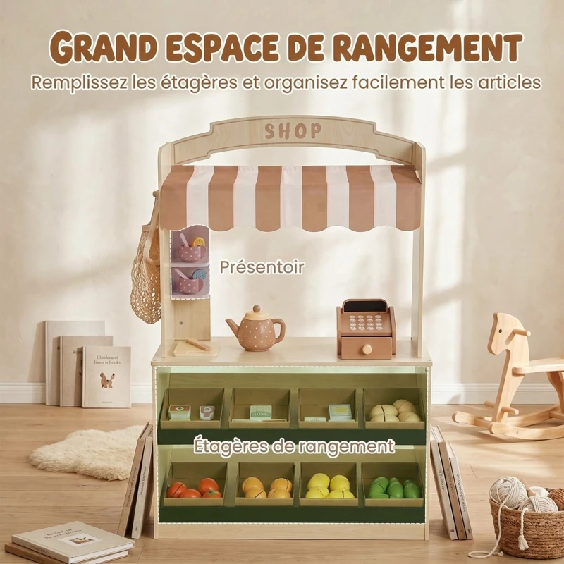 AIYAPLAY Marchande Enfants en Bois, Caisse Enregistreuse, Aliments Factices, Tableau à Craie et 61 Accessoires, pour 3 à 8 Ans