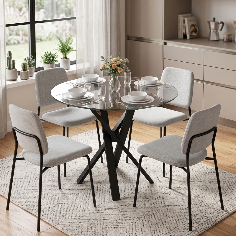 HOMCOM Mesa de Comedor Redonda para 4 Personas Ø80 cm Tablero de Vidrio Templado Patas Cruzadas de Acero Transparente