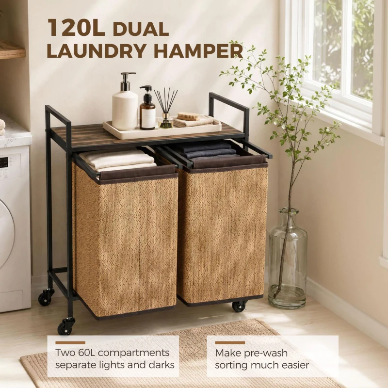 HOMCOM Wasmand Bamboe 2 vakken 120 L Wasverzamelaar met Plank, Wasbox, Verrijdbaar 73x33x78 cm, Bruin