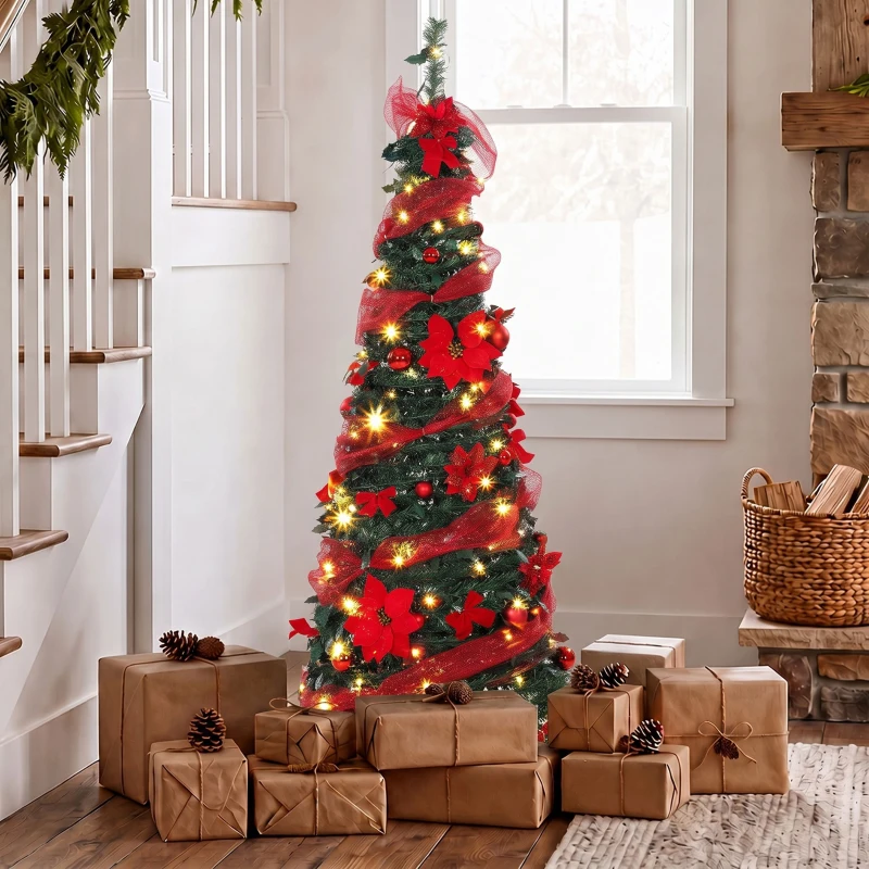 HOMCOM Árbol de Navidad Artificial 150 cm con 100 Luces LED 150 Ramas 11 Modos Bolas, Cintas Soporte Plegable Verde y Rojo