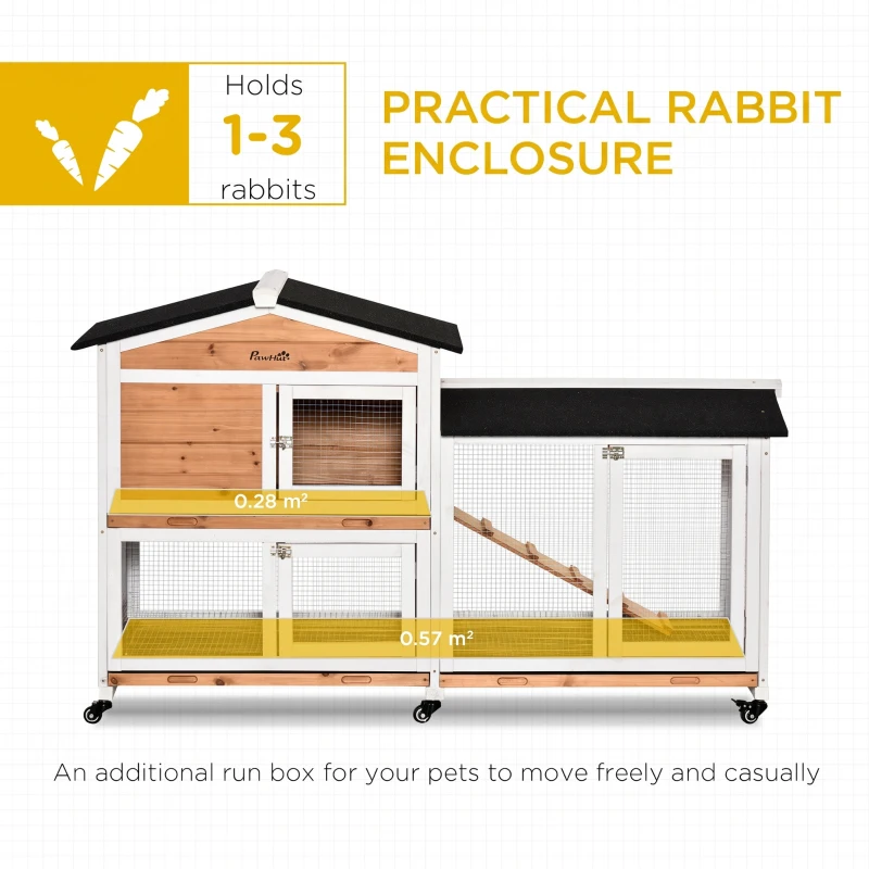 PawHut Rabbit Hutch Outdoor with Run Guinea Pig Hutch, 2-Tier Bunny Cage with Wheels, No-Leak Plastic Tray, 157.4 x 53 x 99.5 cm, Yellow(m-4)