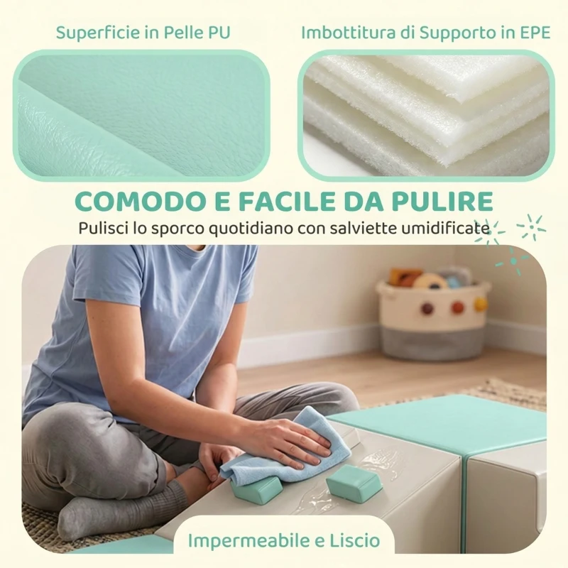 AIYAPLAY Set di 4 Costruzioni Morbide per Bambini 1-3 Anni in Pelle PU e EPE, Verde Chiaro e Beige