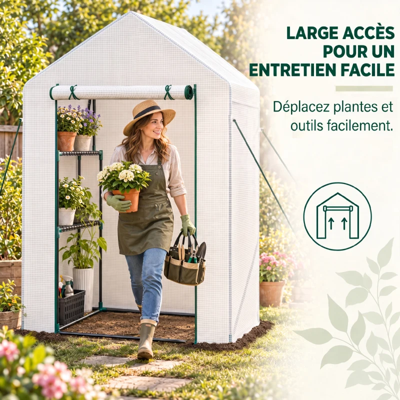 Outsunny Serre de Jardin PE avec Étagères 2 Niveaux, Bâche Renforcée 140 g/m², Porte Zippée Enroulable, 143x73x195cm, Blanc