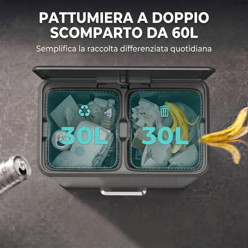 HOMCOM Pattumiera a Pedale 2 x 30 L in Acciaio Inox con Secchi Estraibili e Coperchio Soft-Close, Argento