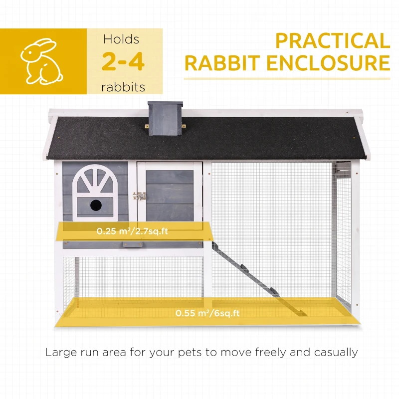 PawHut Wooden Rabbit Hutch and Run with Sliding Tray, Ramp, Water-resistant Roof, for 2-4 Rabbits, Grey