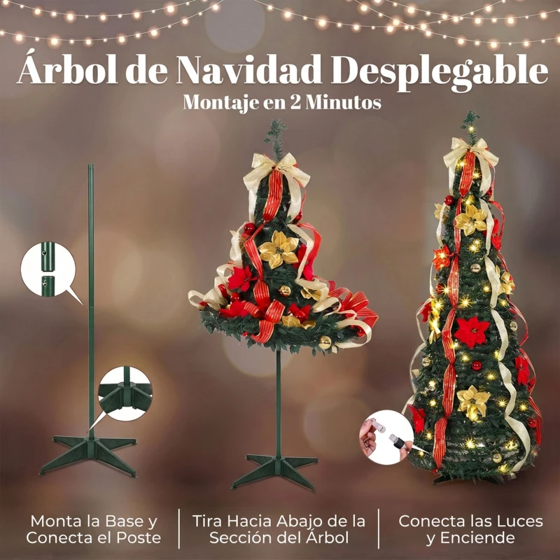 HOMCOM Árbol de Navidad Desplegable 180 cm con 100 Luces LED 11 Modos Mando a Distancia y Decoración Incluida Verde