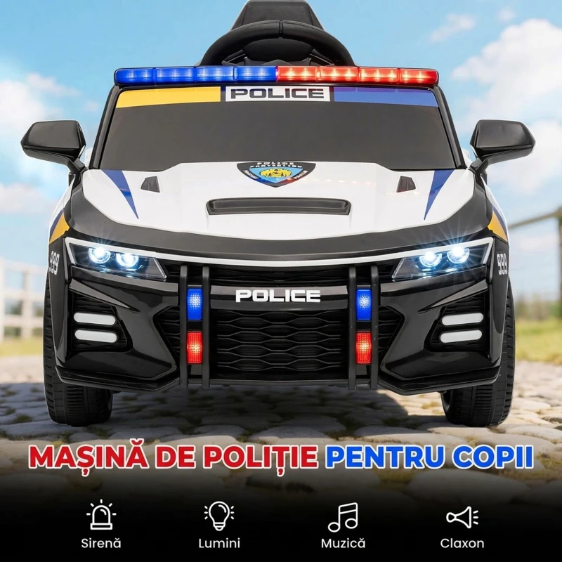AIYAPLAY Mașină Electrică pentru Copii, model poliție, cu Telecomandă, Claxon și Muzică Integrată, 96x60x45 cm