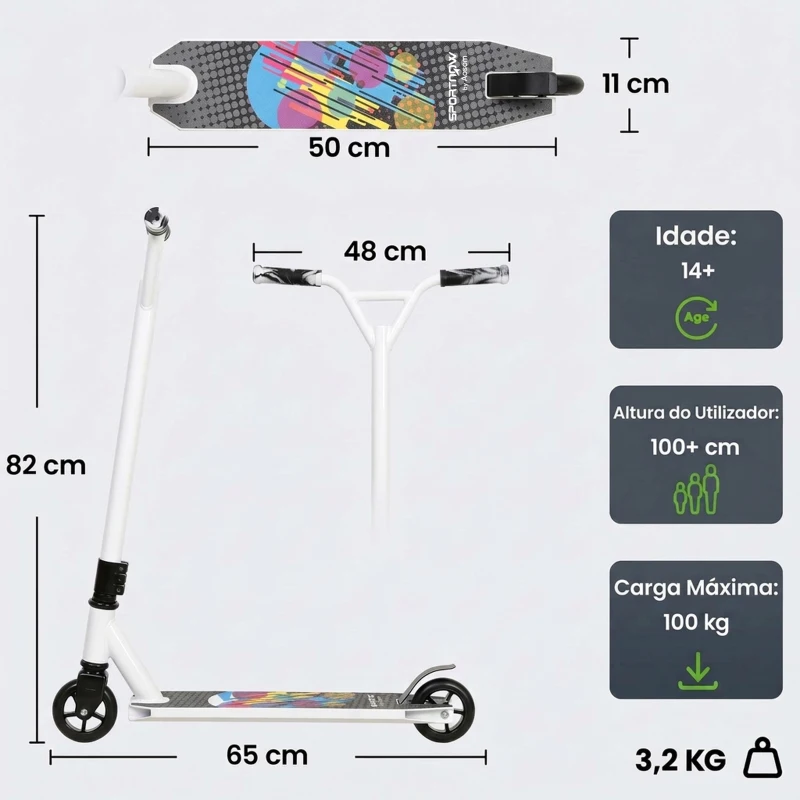 SPORTNOW Trotinete Acrobática para Truques com Plataforma em Alumínio, Rolamentos ABEC-7, Rodas 100 mm e Guiador 360°, Branco