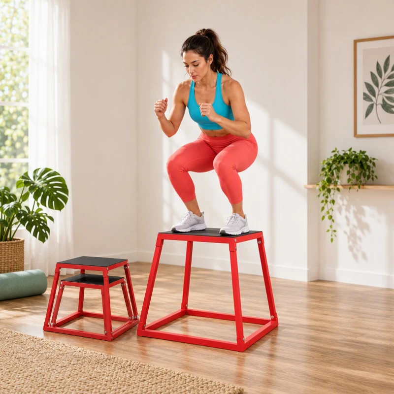 SPORTNOW Boîte Entraînement Pliométrique Trapézoïdale en Acier, 3 Plateformes de Saut Antidérapantes 30,5/45,8/61 cm, Rouge