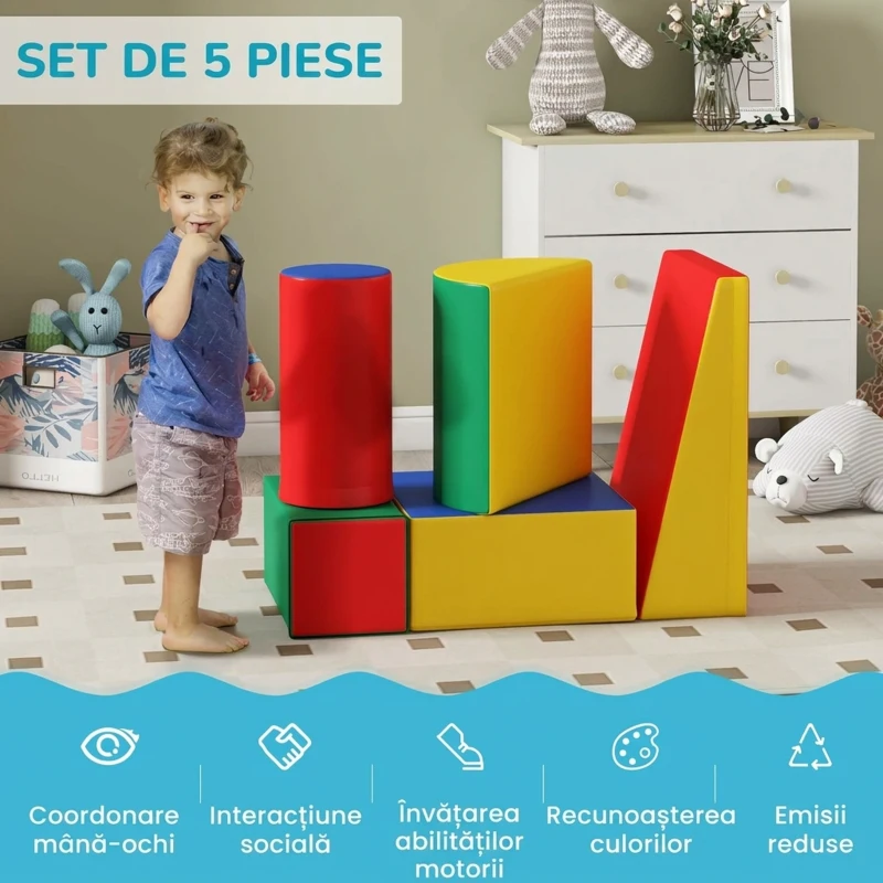 HOMCOM Set de construcții moi pentru copii de 1-3 ani, cu 5 blocuri colorate, din piele ecologică și spumă, multicolor