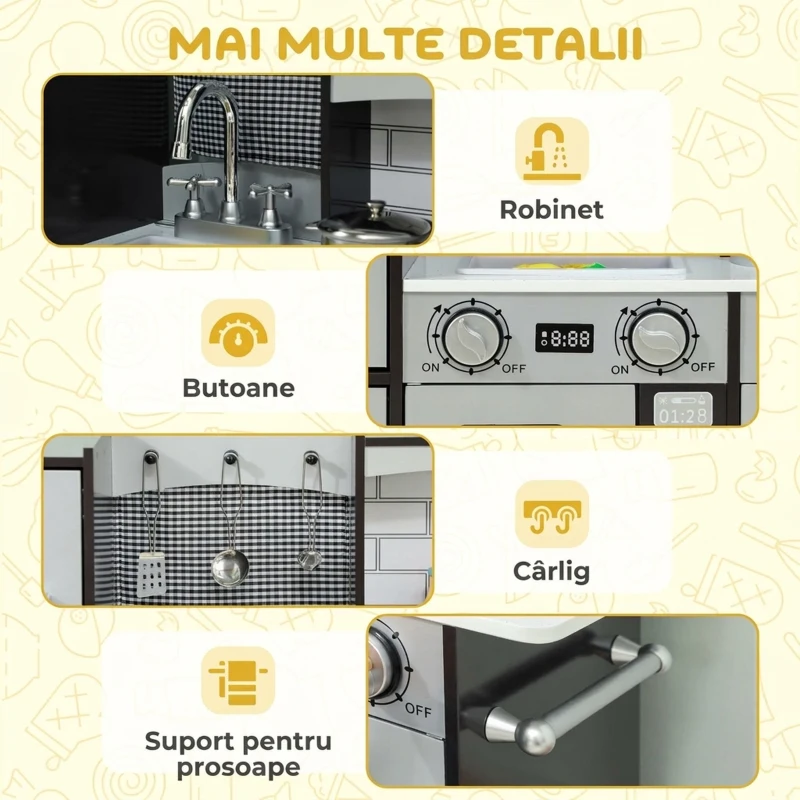 AIYAPLAY Bucătărie de jucărie pentru copii 3-8 ani din lemn cu accesorii, frigider, chiuvetă și butoane cu sunete, maro