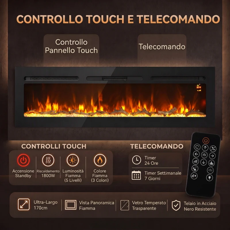 HOMCOM Camino Elettrico da Incasso o Parete 1500W, Timer, Fiamma Regolabile e Telecomando, Nero
