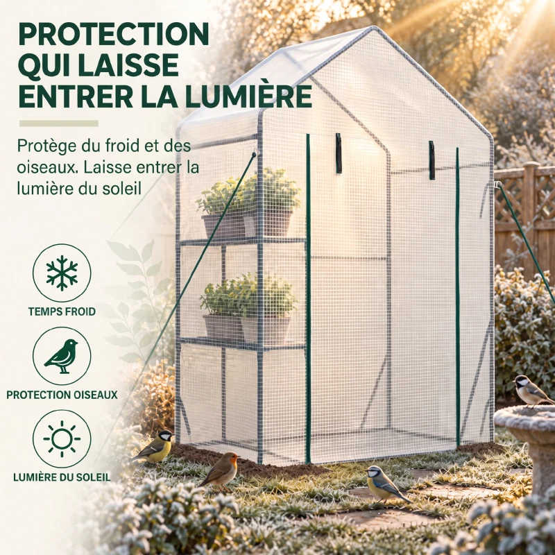 Outsunny Serre de Jardin PE avec Étagères 2 Niveaux, Bâche Renforcée 140 g/m², Porte Zippée Enroulable, 143x73x195cm, Blanc