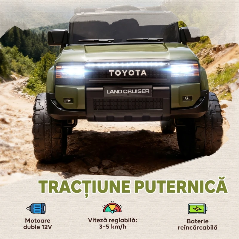 AIYAPLAY Mașină Electrică pentru Copii TOYOTA Land Cruiser 12V cu Telecomandă, Vârsta 3-8 Ani, Verde