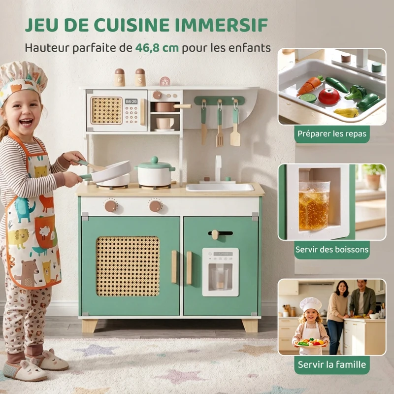 AIYAPLAY Cuisine Enfant en Bois 19 Accessoires, Cafetière, Machine à Glaçons, Micro-Ondes, Placard, 3-6 Ans, 61x27x79,7cm, Vert