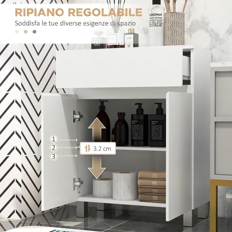 kleankin Mobile Bagno Lucido, Mobiletto Bagno Salvaspazio con Cassetto e Ripiano Regolabile, 60x30x80cm, Bianco