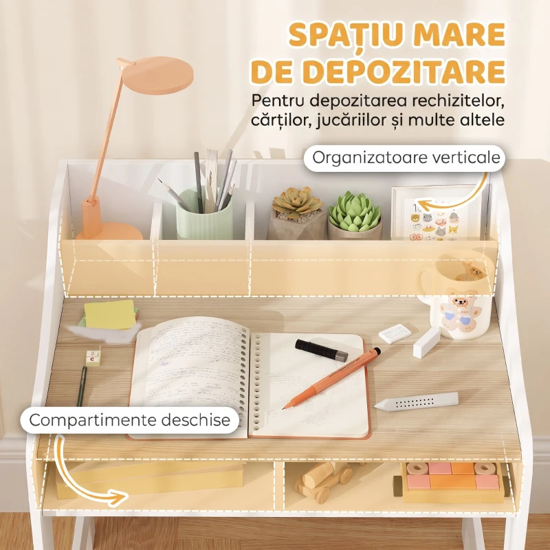AIYAPLAY Set birou și scaun pentru copii 3-8 ani cu 3 compartimente deschise, margini rotunjite, din lemn, culoare lemn