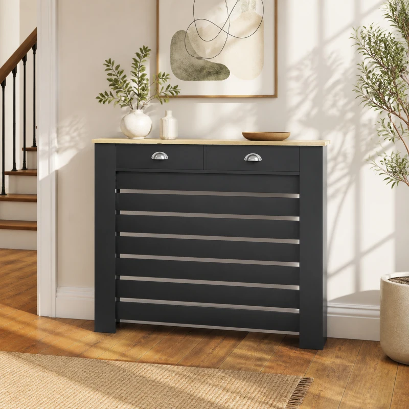 HOMCOM Couvercle de Radiateur, Cache-Radiateur, Grille à Lattes Horizontales avec 2 Tiroirs en Bois, 111 x 19 x 95,5 cm, Noir