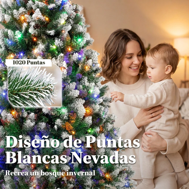HOMCOM Árbol de Navidad 180 cm con 350 Luces LED 11 Modos Mando a Distancia 1020 Puntas Base Metálica Plegable Verde