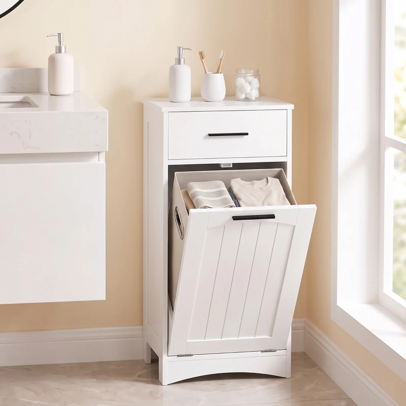 HOMCOM Meuble à Linge avec Tiroir et Compartiment à Rabat, pour Buanderie et Salle de Bain, 42x30x82 cm, Blanc