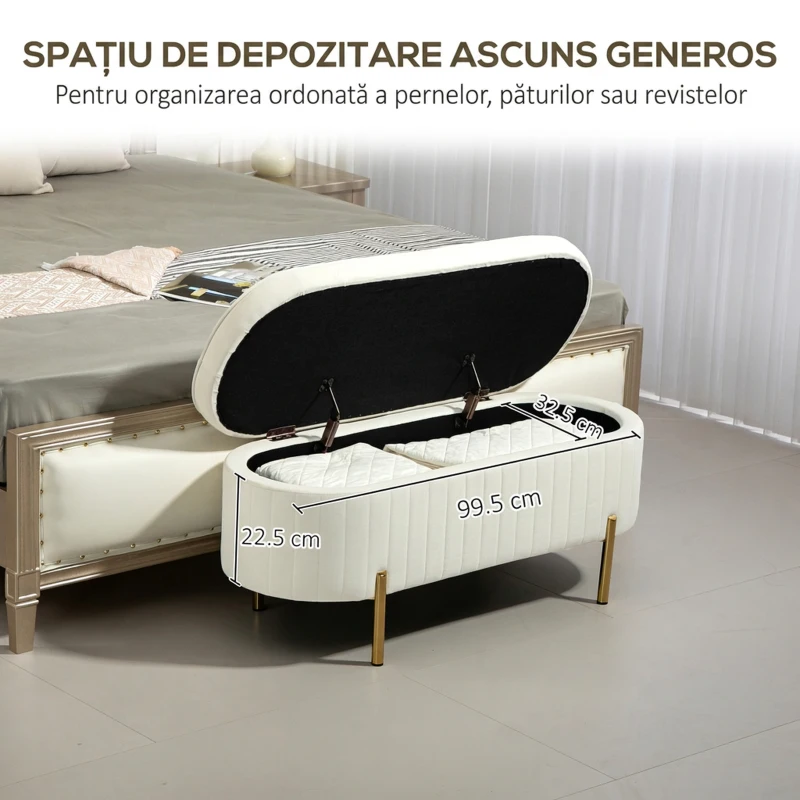 HOMCOM Bancă ovală cu depozitare 72 L, capac rabatabil, tapițată cu catifea, 107 x 42 x 45,5 cm, crem