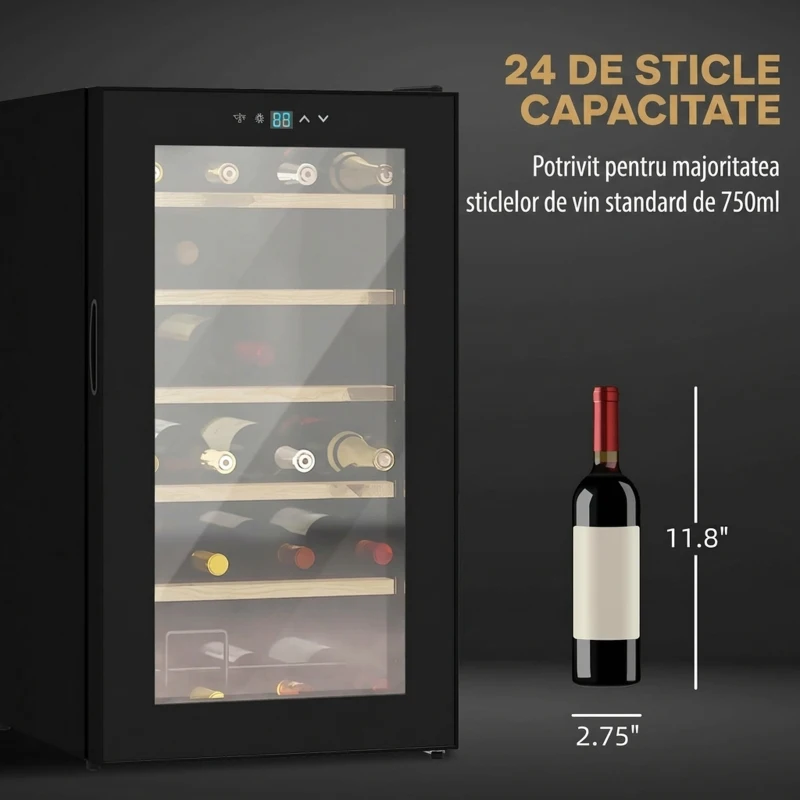 HOMCOM Frigider pentru Vin pentru 24 de Sticle, Capacitate 65L, Control al Temperaturii și Rafturi Detasabile, Negru