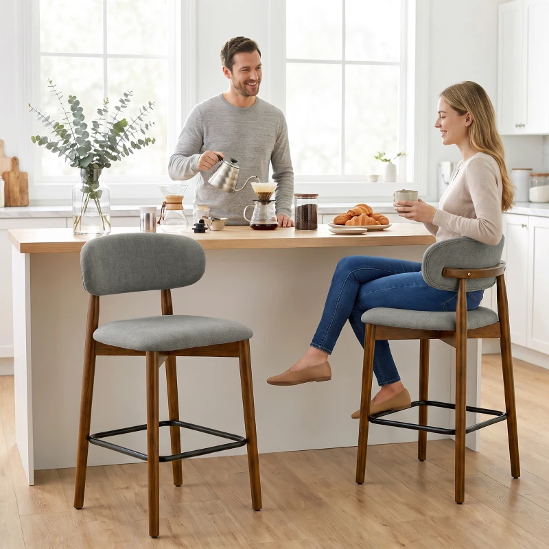 HOMCOM Bar Stools Curved Open Back Padded Seat Footrest Set of 2 for Kitchen Grey