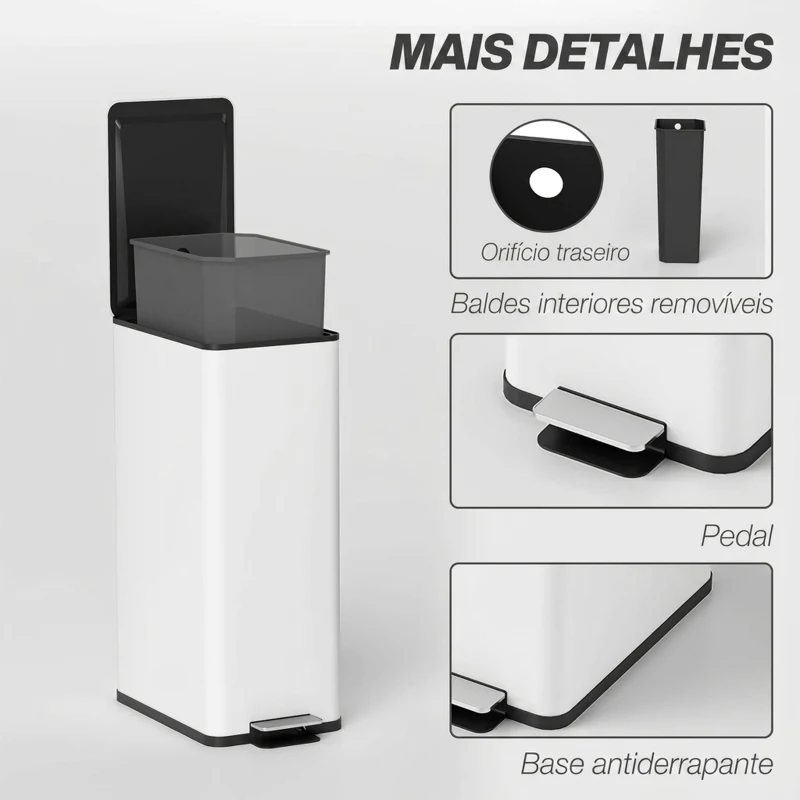 HOMCOM Caixote do Lixo de Cozinha 20 L em Aço Inoxidável com Tampa de Fecho Suave, Pedal e Balde Amovível, Branco
