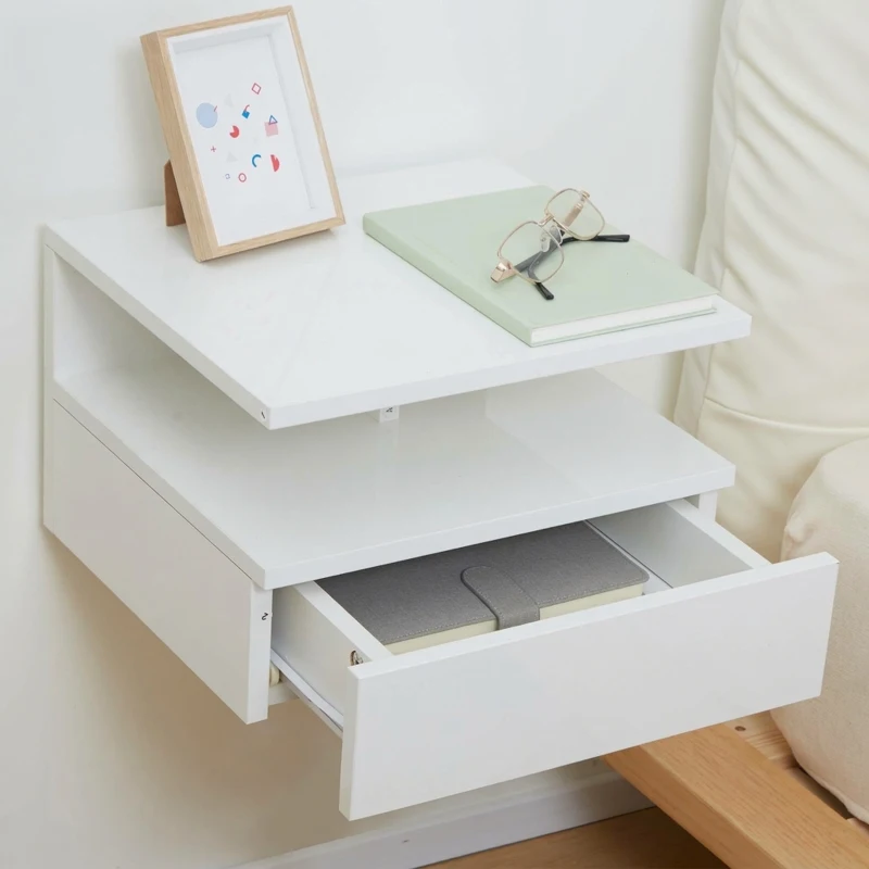 HOMCOM Set de 2 Noptiere Moderne Suspendate cu Sertar și Raft din Lemn 35x32x22,5cm, Alb Lucios