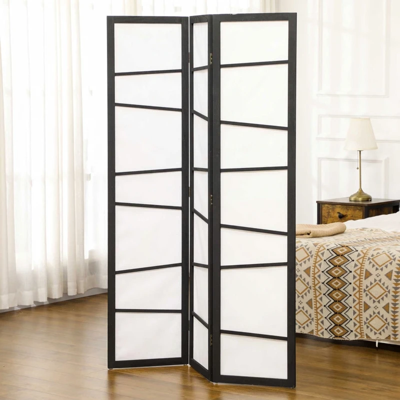 HOMCOM Paravan pliabil cu 3 panouri, din lemn, 120x170 cm, negru și alb