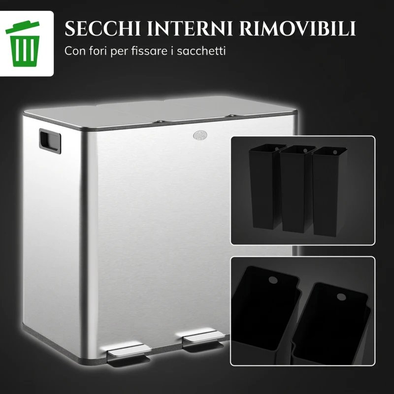 HOMCOM Pattumiera Differenziata 45L con 3 Scomparti a Chiusura Silenziosa, in Acciaio Inox e PP, 61.9x36.6x43.2 cm, Argento