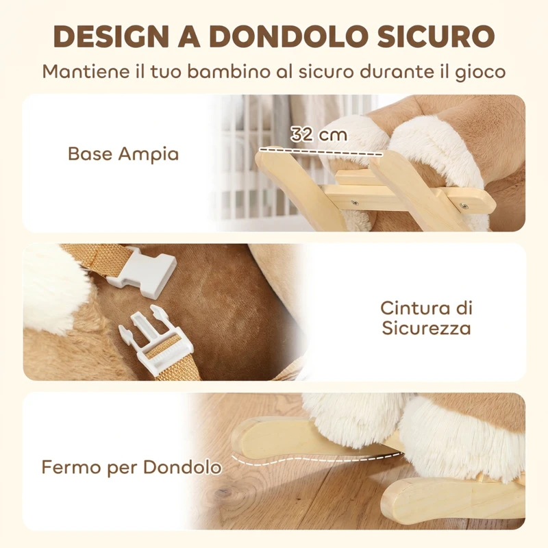 AIYAPLAY Cavallo a Dondolo per Bambini 18-36 Mesi con Suoni, Cintura di Sicurezza e Base in Legno di Pioppo, Marrone