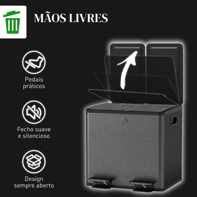 HOMCOM Caixote do Lixo de Cozinha em Aço Inoxidável com 2 Compartimentos 2x15L, Pedal, Tampas de Fecho Suave e Baldes Amovíveis - Preto