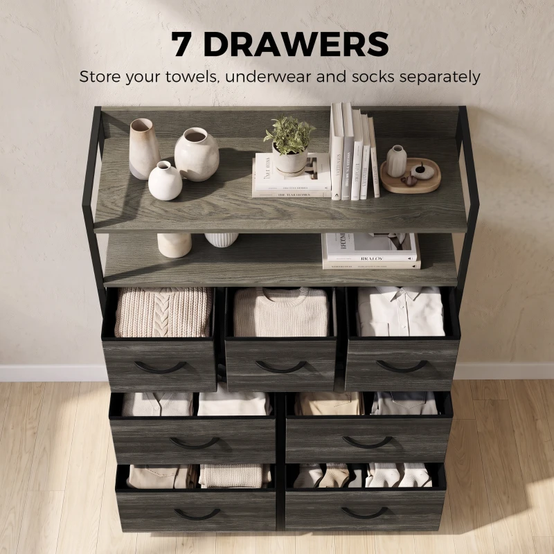HOMCOM Chest of Drawers, Bedroom Fabric Dresser with 7 Drawers, Storage Organiser Unit with Open Shelves, Grey Wood-Effect