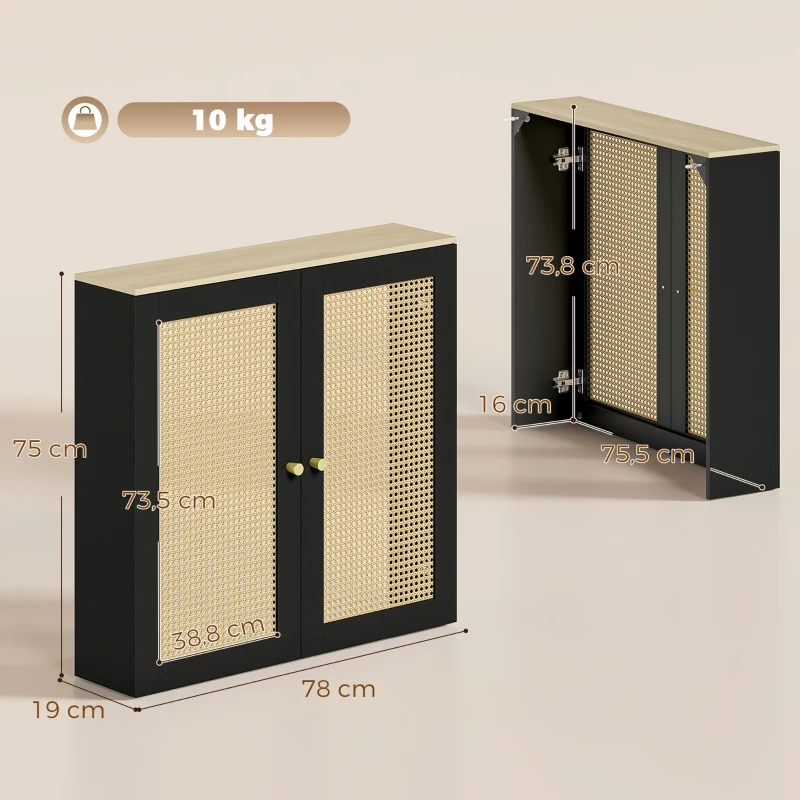 HOMCOM Cubre Radiadores con 2 Puertas de Ratán Cubreradiador Cubierta para Radiador para Salón Dormitorio 78x19x75 cm Negro